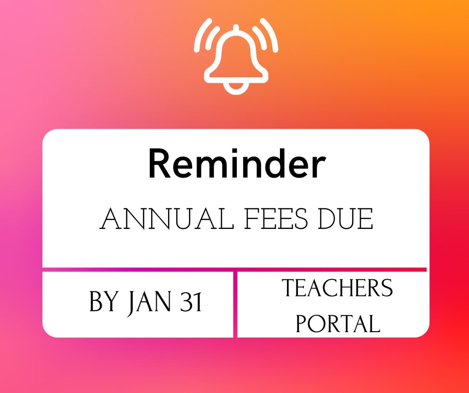 IMPORTANT REMINDER

If your current financial date is 31 Jan 2024 and you wish to continue teaching in South Australia from 1 Feb 2024, you will need to pay at least one additional annual year fee BEFORE 31 JAN 2024 via your teacher’s portal.

Check your emails for more.