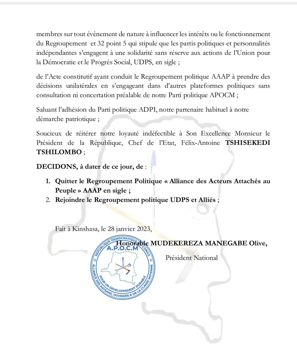 JosephM70510995's tweet image. Politique : le parti politique #APOCM de @Olive Mudekerez et @Albert Kahasha dit "Foka Maike" quitte le regroupement #AAAP pour l'@UDPS et alliés. Les raisons dans ce document.

@AugustinKabuyaT @BillyKambale1 @7sur7_cd @MichelMoto1