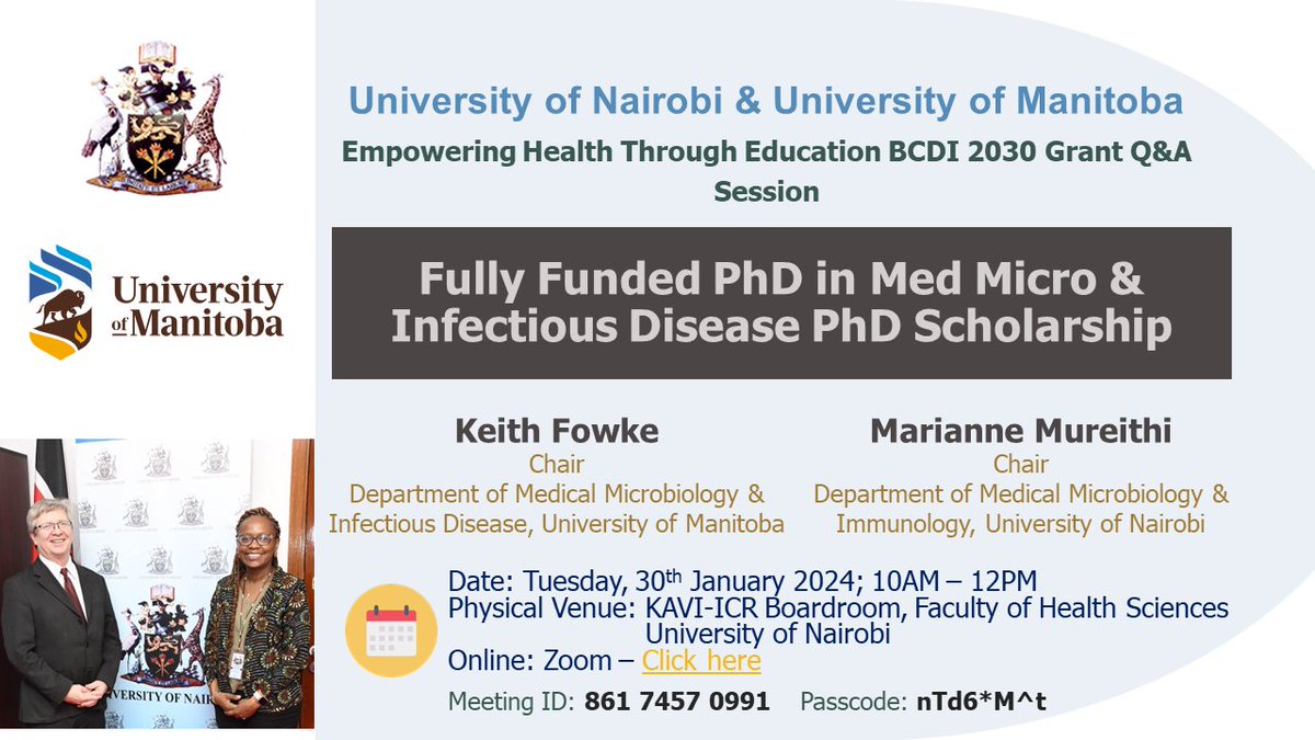 Join the esteemed Chairs from the University of Nairobi @uonbi and the University of Manitoba @umanitoba for a comprehensive Q/A session on the transformative BCDI 2030 initiative. Tuesday, 30th at 10AM Physical: KAVI-ICR Boardroom, FHS, University of Nairobi Online: Via Zoom