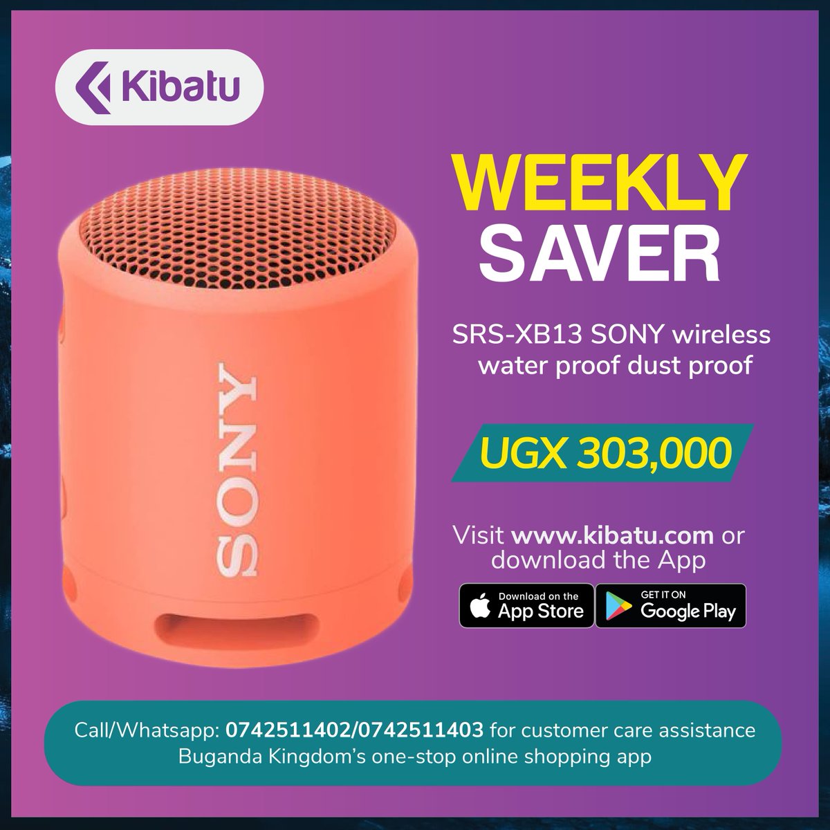 Step into the world of premium sound with the SONY wireless water proof speaker. 
Visit the website on kibatu.com or download the App for unforgettable shopping experience.
#BeeyiNsaamuSamu #Shopping #Ecommerce