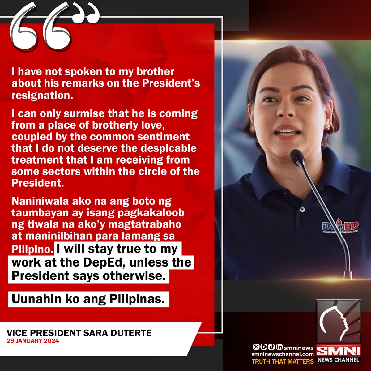 VP Sara Duterte, uunahin ang Pilipinas sa kabilang ng kasuklam-suklam na pagtrato sa kanya ng mga nakapaligid sa presidente