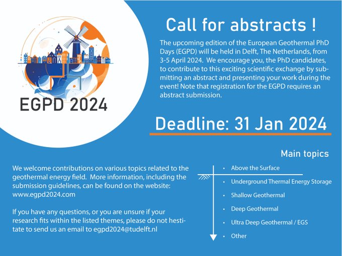 3 DAYS to submit your abstracts to EGPD2024!!!
#geothermal #thermalstorage #geology #geochemistry #geophysics #drilling #energytransition #fluidflow #machinelearning #appliedmathematics #earthquake #faults #powerplant #electricity #renewable