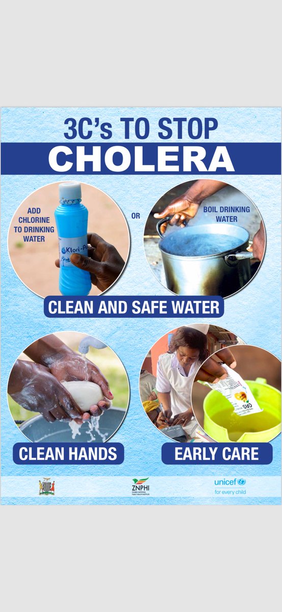 Good morning guys! Happy New Week! Remember we are still raising awareness to stop the spread of cholera! Today's message is Cardinal, let's use the 3Cs to Stop Cholera- Clean and safe water, Clean Hands and Early Care! 
#CholeraPrevention
#3CsForHealth 
#UNICEFZambia
#MoH