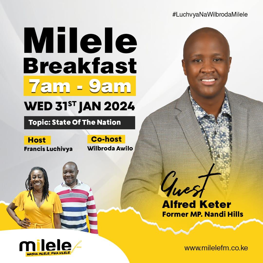 Hon. Alfred Keter, the undisputed Nandi leader, will be live on Milele FM on Wednesday to expose the failures in Kenya Kwisha regime. We will be there no matter what!