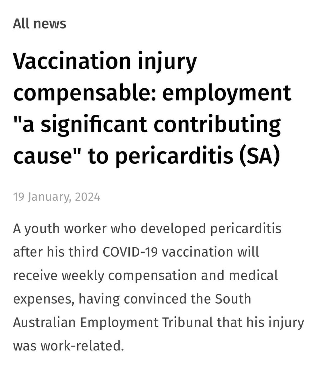 RennickGBR's tweet photo. The South Australian Employment Tribunal has ruled that employers are responsible for compensating employees who acquire vaccine injuries from work directives.

This is a significant precedent as employers are now going to think twice about forcing people to get a vaccine if they have to fork out for potentially significant medical costs if the employee then incurs a vaccine injury.

This is only one case and I suspect it will be appealed. I hope the decision is upheld because it will then open up the option of employers suing governments who mandate vaccines or pharmaceutical companies for unsafe or ineffective vaccines.

More at:
https://t.co/dbcDDVqLam

#auspol @TGAgovau