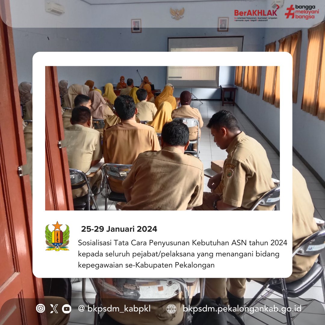 bkpsdm_kabpkl's tweet photo. Menindaklanjuti Surat Menteri PANRB Republik Indonesia, BKPSDM Kabupaten Pekalongan mengadakan sosialisasi tata cara penyusunan kebutuhan ASN tahun 2024.
Kegiatan ini dihadiri oleh pejabat/pelaksana yang menangani kepegawaian se-Kabupaten Pekalongan. https://t.co/Ab2BoJAeJQ