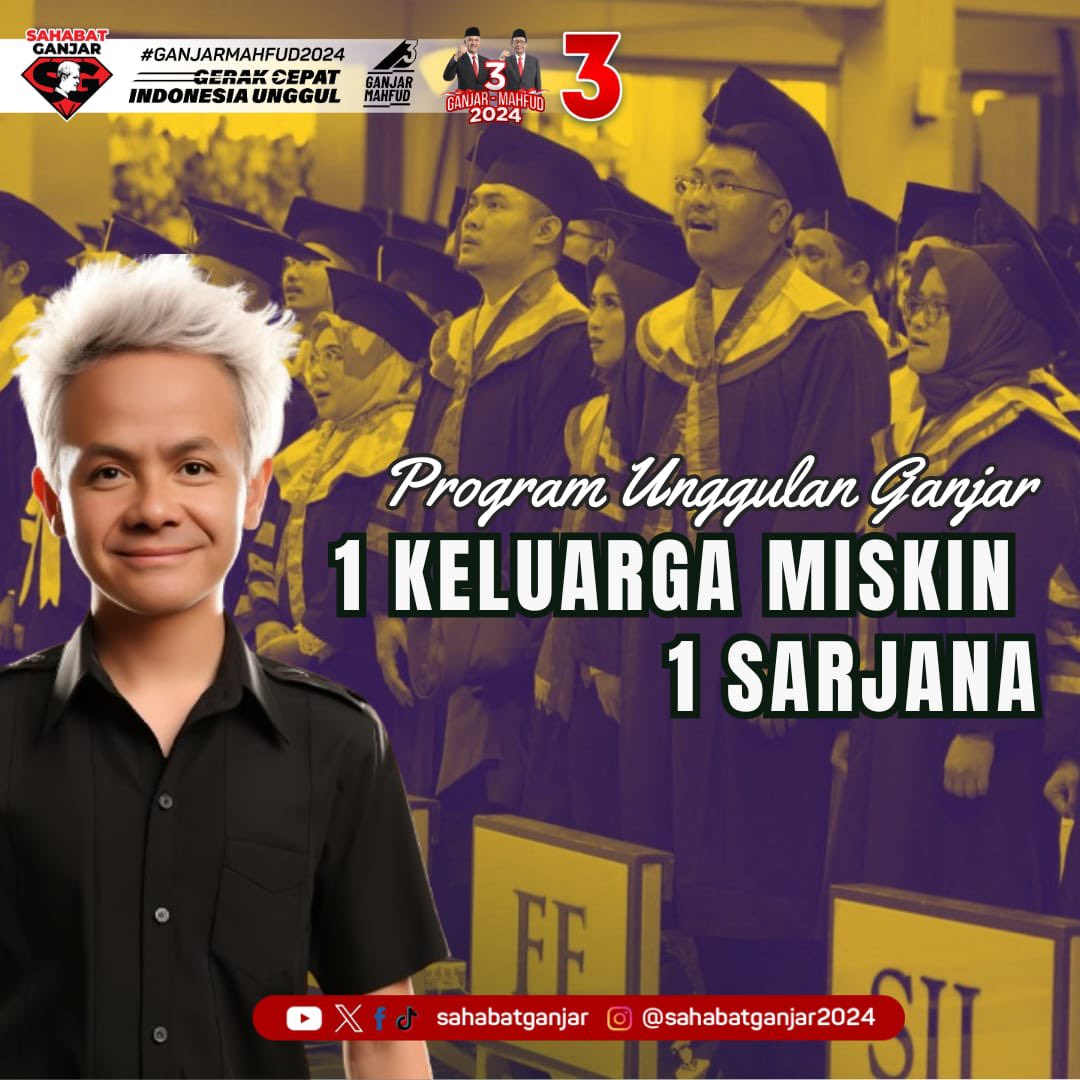 Ganjar-Mahfud memperkenalkan Program 1 Keluarga Sarjana sebagai inisiatif untuk mengangkat taraf hidup keluarga miskin. 

Dengan program ini, setiap keluarga miskin diharapkan memiliki minimal satu anggota keluarga yang meraih gelar sarjana.