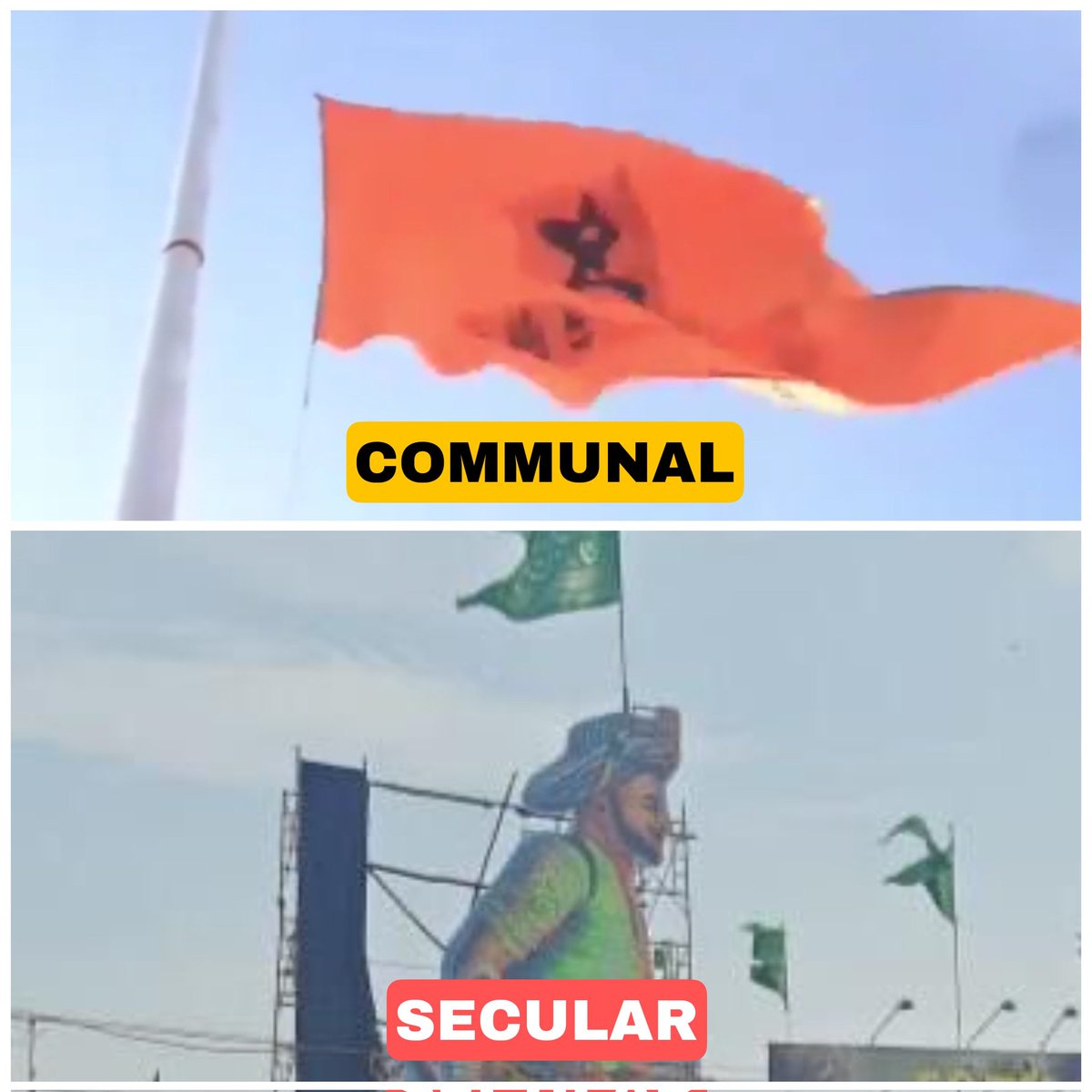 DesiSanatani's tweet photo. @TimesAlgebraIND Massive outrage in Mandya, Karnataka, after the ruling Congress Govt ordered the removal of the 108-feet Hanuman Dhwaj installed by the public at their own cost.

CM Siddaramaiah says,It is not right to fly the saffron flag instead of the national flag... https://t.co/c71HMSbzEb