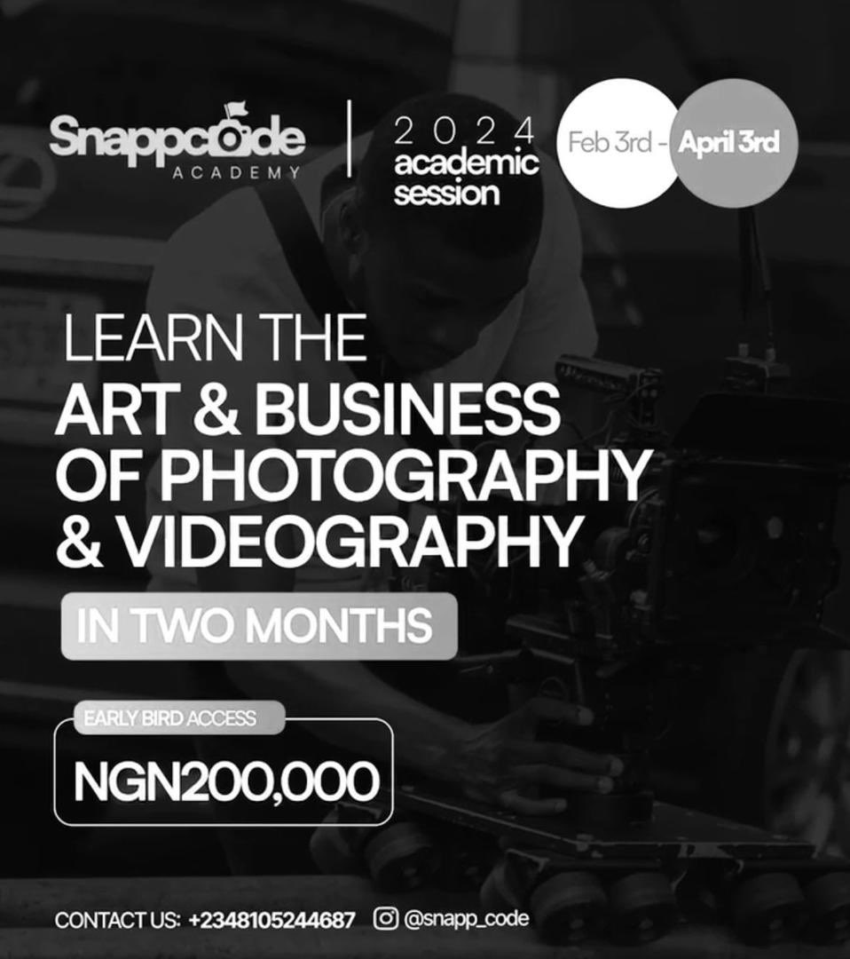 OloladeAngel's tweet image. It’s still fresh in the year and the best time to learn a new skill and this time you can learn the art of photography with @snapp_code with 200k and be touching lives as he dedicates his profit to charity #snappcodeacademy 

Hit the link to go register snappcodeproductions.com/academy
