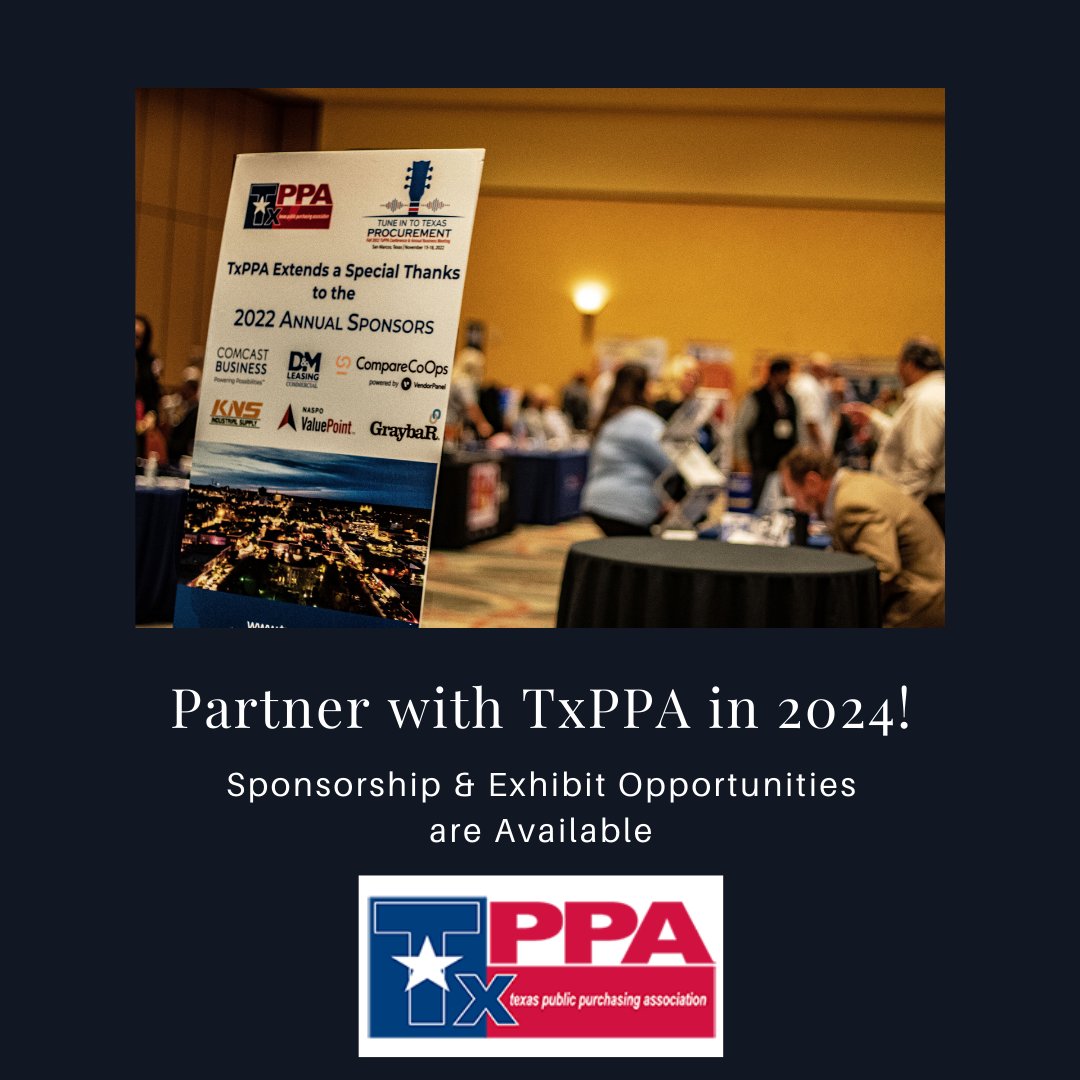 Elevate your brand and connect with public purchasing leaders! Secure your sponsorship and exhibit spot with TxPPA, offering exclusive opportunities for heightened visibility and growth in 2024. #publicprocurement #TxPPA