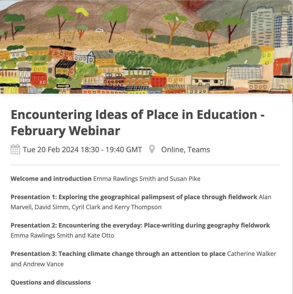 📢 On 20 February 2024 (6.30pm) we have our next Encountering Ideas of Place in Education webinar. If you would like to hear authors discussing place-based scholarship and practice, do sign up: buytickets.at/geoeducationat… @AlanMarvell @davesimm123 @c_l_walker @KateOtto14 @SotonEd