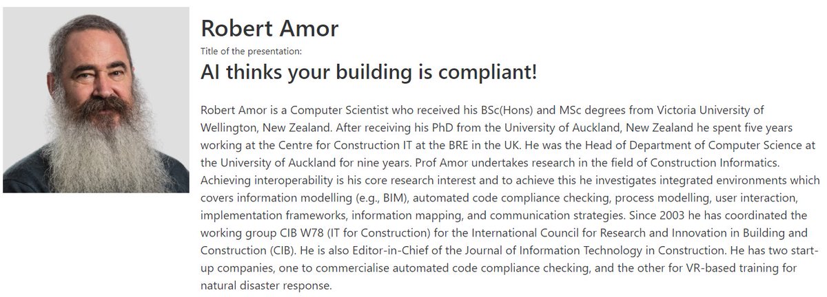Glad to share that there will be insightful keynote presentations from academia and industry in the Digital Building Permit Conference 2024. One of them will be given by Prof. Robert Amor from the University of Auckland with the title 'AI thinks your building is compliant!'.