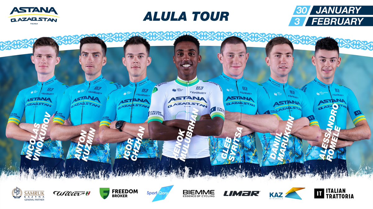 🇸🇦 ROSTER: @thealulatour @henokmulubrhan @IgorChzhan @NicoVino13 Glen Syritsa Anton Kuzmin Daniil Marukhin Alessandro Romele (@AstanaQazDev) #AlUlaTour #AstanaQazaqstanTeam