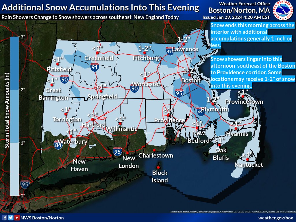 [Additional Snowfall] Snow showers across the interior end this morning with additional accumulations of 1" or less. Snow showers will linger southeast of the Boston to Providence corridor into the afternoon and even tonight in spots. Some locales may see 1-2" of snow.