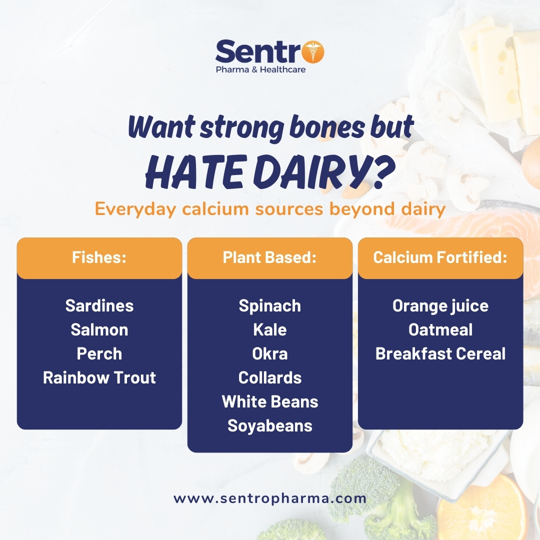 Strong bones, strong body, strong you! Get your daily dose of calcium from these delicious and diverse sources.

#sentropharma #weakbones #bones #calciumfoods #calciumrich #fishforcalcium #plantbasedfood  #stayhealty