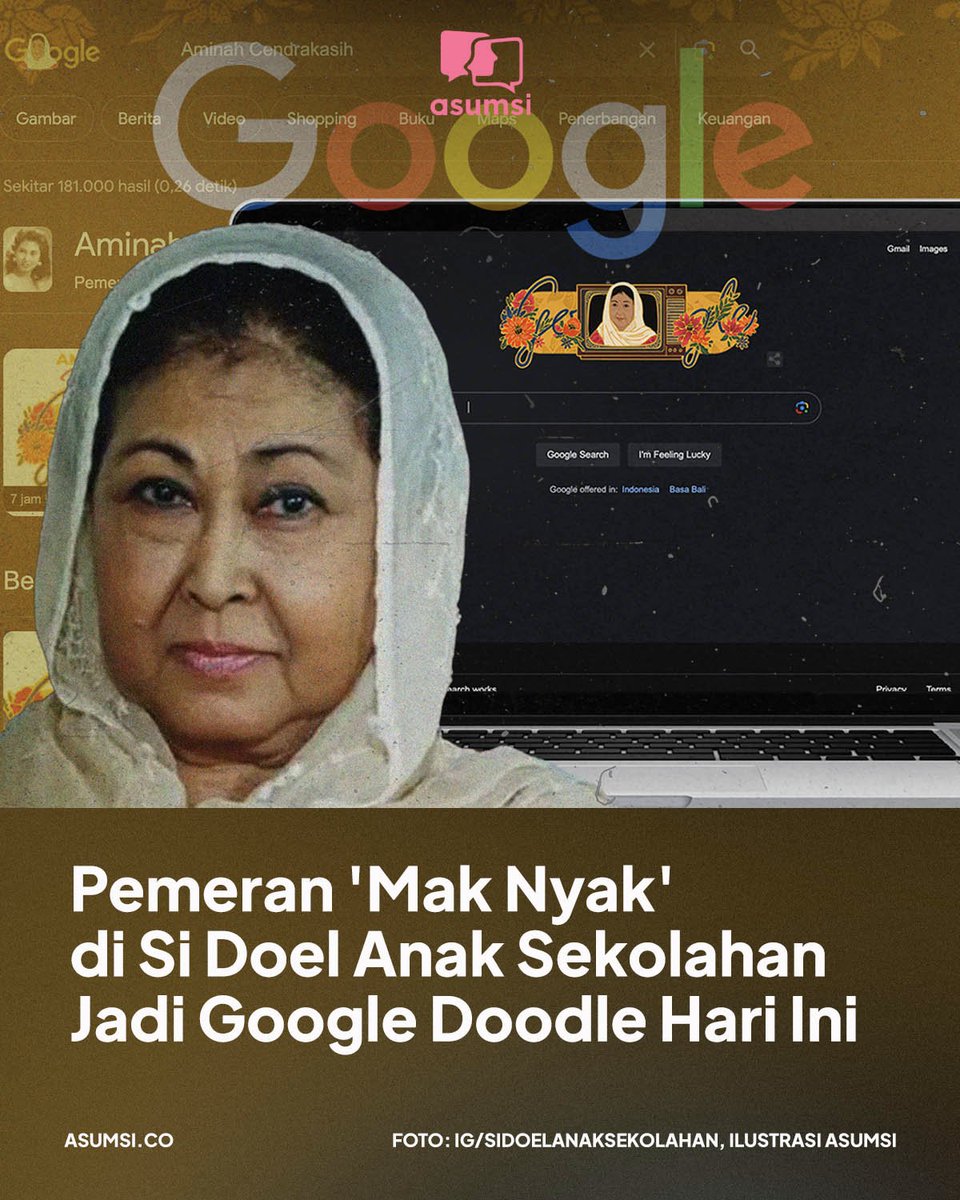 asumsico's tweet photo. Aminah Cendrakasih pemeran Mak Nyak di sinetron Si Doel Anak Sekolahan muncul sebagai Google Doodle. https://t.co/tHgMphDLYS