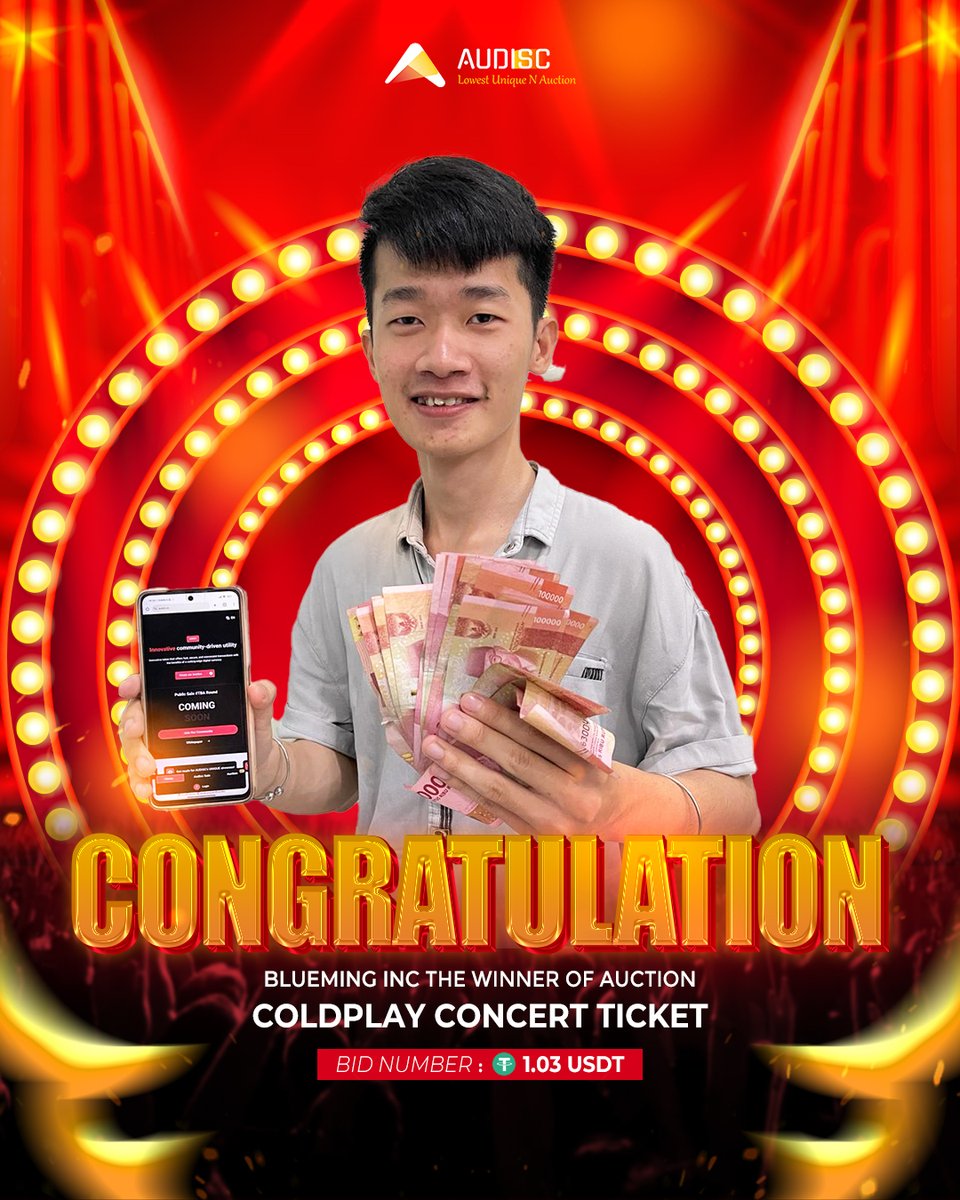 audiscofficial's tweet photo. "Congratulations to Blueming Inc, the triumphant winner of the Coldplay concert ticket auction! 🎉🎶

Your winning bid at 1.03 USDT is music to our ears.

Enjoy the unforgettable experience ahead! 🌟🎤

he decided to get the cash in return .
#ColdplayWinner #AuctionVictory #MusicalEuphoria #Audisc #Bid #Bidding #Winner