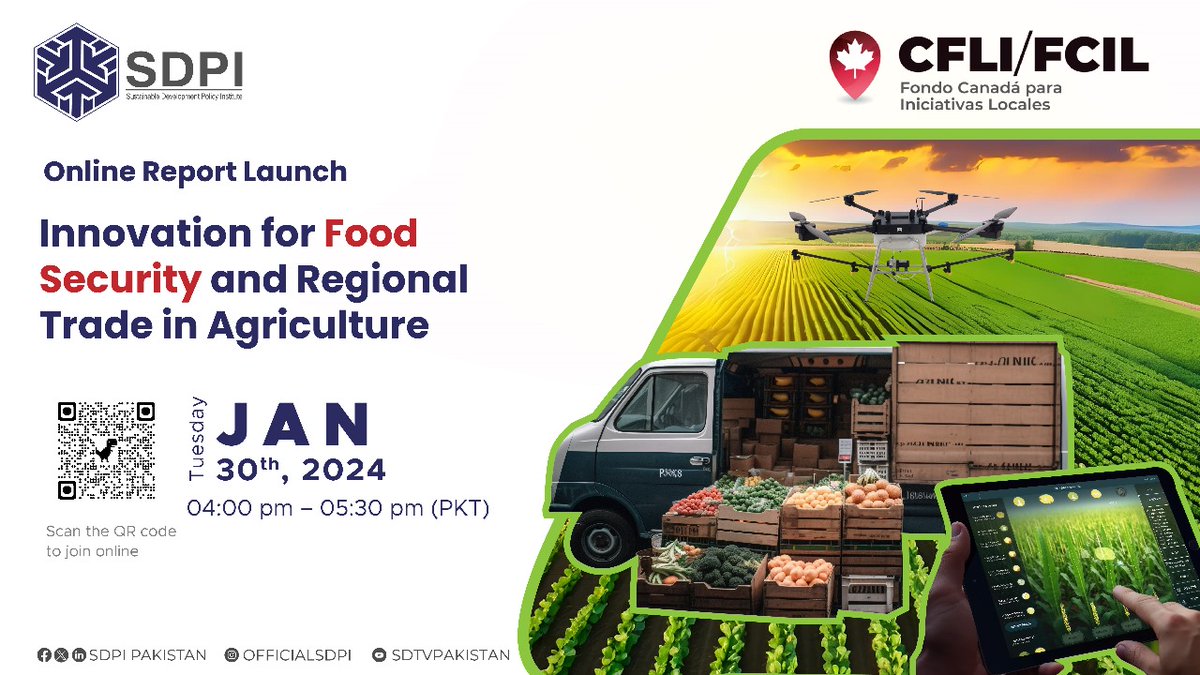 Join our online report launch on, 'Innovation for Food Security and Regional Trade in Agriculture' in collaboration with CFLI. 📆 January 30th, 2024 ⏰ 4 - 5:30 pm PKT. 🔗 bit.ly/48QbsFK Let's dive into insights of Food Security together! #foodsecurity #SDPI