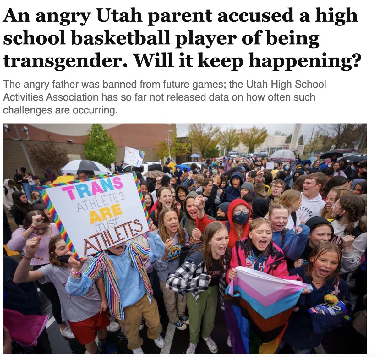 ErinInTheMorn's tweet photo. In Utah, a father just demanded a female player be removed the basketball team because he was convinced she was trans.

The last time this happened, they investigated a cis girl student all the way back to Kindergarten records.

This is about to happen x10 in Utah bathrooms. https://t.co/fVHzQSdB0N