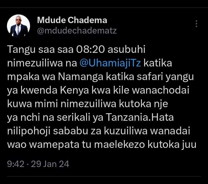 Mwabuk2Boniface's tweet photo. Imepokea taarifa kwamba Ndugu Mdude Mpaluka Nyagali amezuiliwa Mpakani na Maafisa Uhamiaji wa Tanzania. Mpaka sasa hajaambiwa sababu https://t.co/52lfQnn8Qh