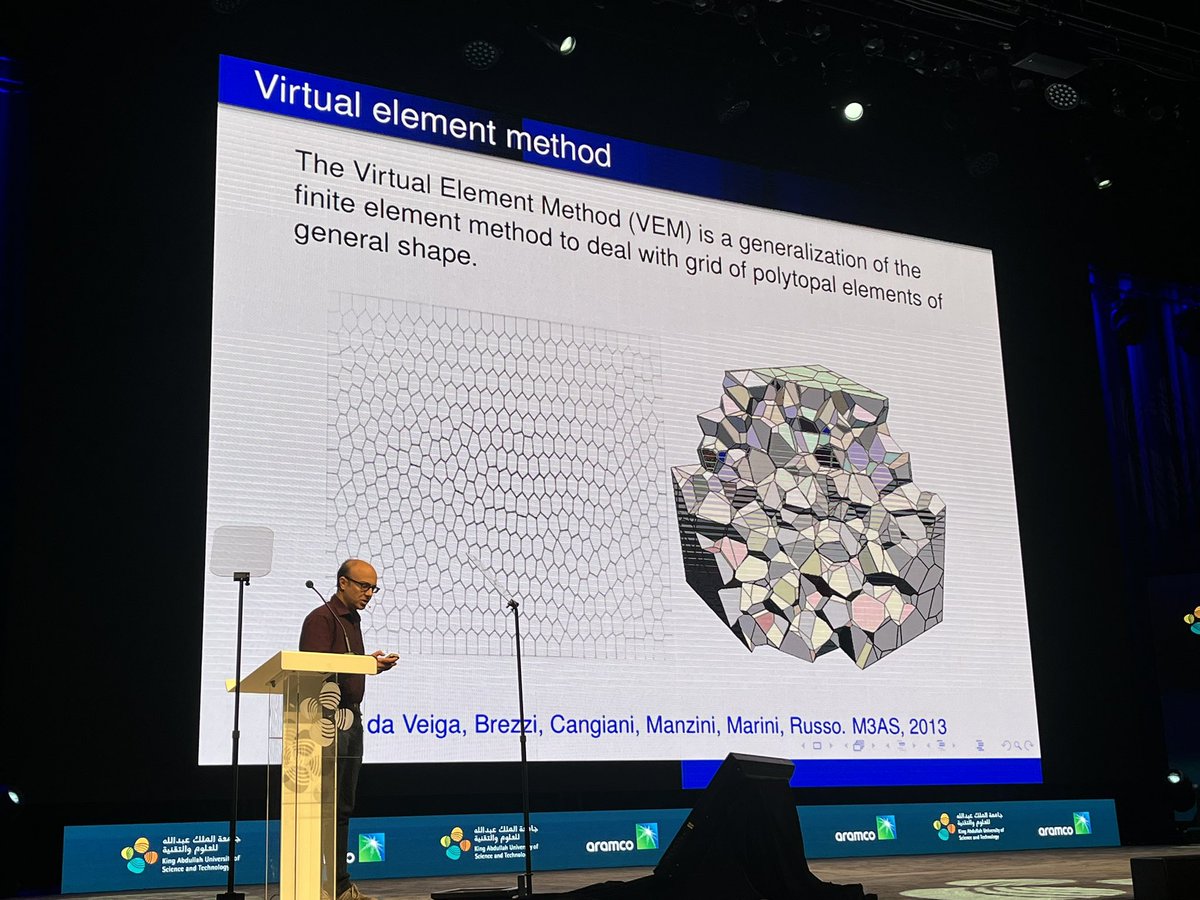 KAUST_ECRC's tweet photo. Our second keynote speaker Prof. Simone Scacchi from @LaStatale talking about virtual element methods.

#PETSc is the state of the art high performance numerical library for parallel solvers.

#HPC #DD28 https://t.co/mBNh5OkWZg