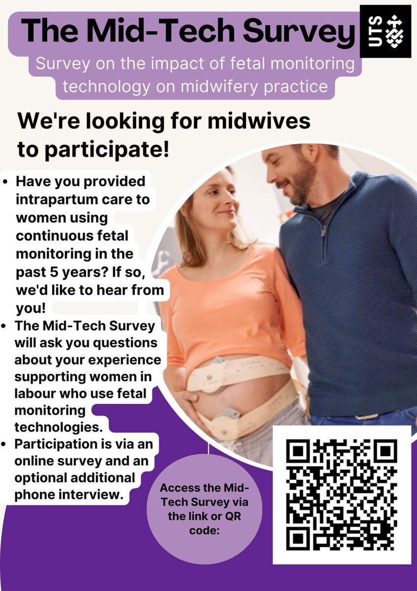 Are you a midwife who has provided care to women using continuous fetal monitoring in the past 5 years? If so, please take 15 minutes to complete survey. 

Follow the link or use the QR code on the flyer. utsau.au1.qualtrics.com/jfe/form/SV_4O… 

UTS approval number ETH23-8590