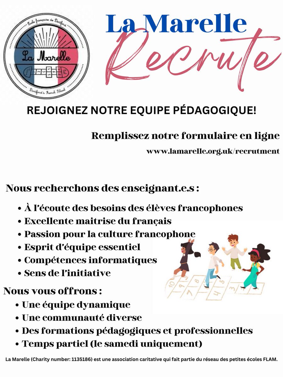 La Marelle recrute! Remplissez le formulaire en ligne!
----------
La Marelle is hiring! Fill in our form online!
 lamarelle.org.uk/recrutement/

#Recrutement #WeAreHiring #WeAreRecruiting