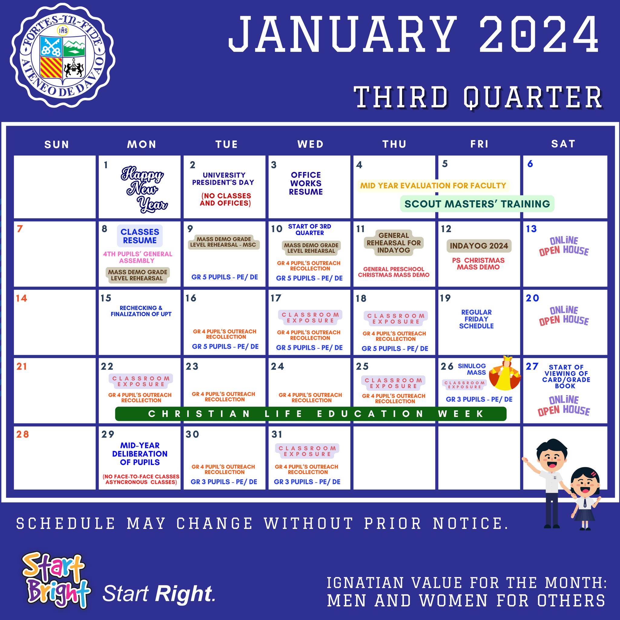 Ateneo de Davao Preschool & Grade School on X: "𝐔𝐏𝐃𝐀𝐓𝐄𝐃 𝐒𝐂𝐇𝐎𝐎𝐋  𝐂𝐀𝐋𝐄𝐍𝐃𝐀𝐑 | Check the school activities for January 2024. 📷 Mark  your calendars! 📷 This is available on our web page: