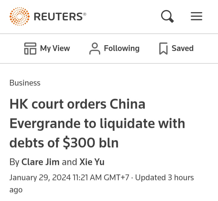 Resmi 2 jam lalu Evergrande perusahaan properti terbesar di China dinyatakan BANGKRUT. 

Kehancuran sektor properti ini akan bawa dampak berat bagi ekonomi China. 
.