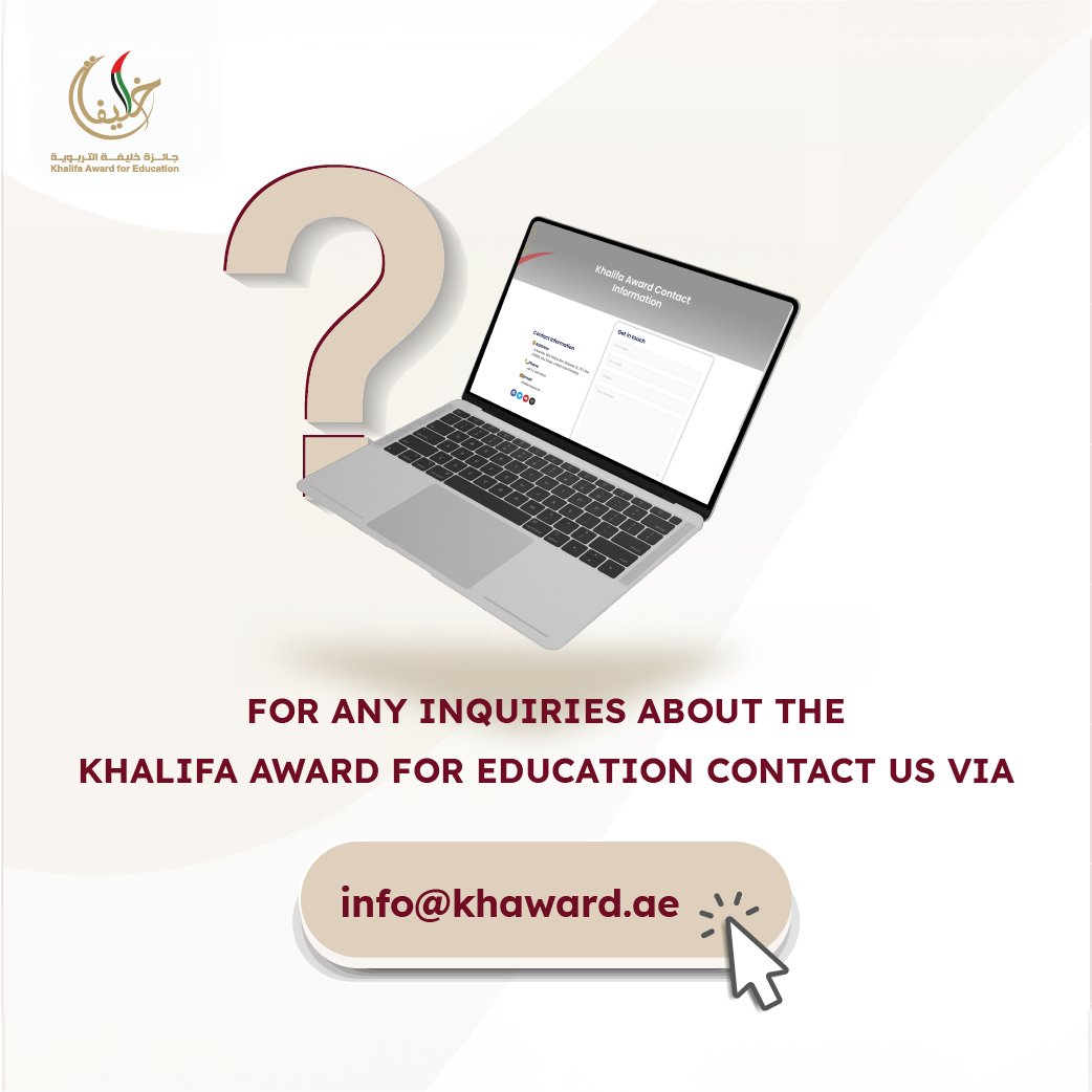 khalifaAward's tweet photo. لجميع الاستفسارات نرحب بتواصلكم معنا عبر info@khaward.ae
For all inquiries, kindly contact us via email: info@khaward.ae
#جائزة_خليفة_التربوية #الدورة_ال17 #ميز_نفسك
#17thcycle #be_distinguished #KhalifaAwardforEducation https://t.co/k42BDYDKcS