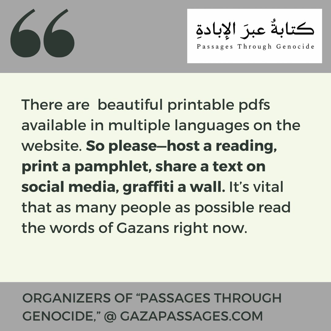 More about Passages Through Genocide (gazapassages.com), an online project that collates and disseminates texts written by Gazans living through the current Israeli assault, today on ArabLit: arablit.org/2024/01/29/all…