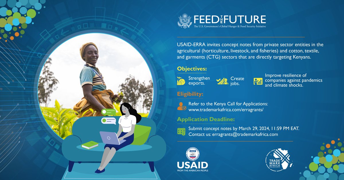 📢#FundingAlert!
@USAID-ERRA invites #ConceptNotes from #PrivateSector entities in the #Agriculture and #CTG sectors🌽

Objectives:
👉Strengthen exports.
👉Create jobs.
👉Improve resilience of companies against pandemics
and climate shocks.

Read more: trademarkafrica.com/erragrants/