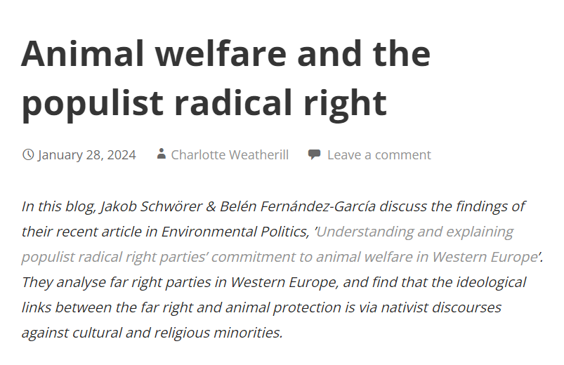 Environmental Politics (@env_pol) on Twitter photo New guest post!
In this blog, <a href="/SchworerJakob/">Jakob Schwörer I @Jakobschwoerer@det.social</a> and @ABelenFg discuss the ideological links between the far right in Europe and animal welfare issues.
environmentalpoliticsjournal.net/guest-posts/an… New guest post!
In this blog, <a href="/SchworerJakob/">Jakob Schwörer I @Jakobschwoerer@det.social</a> and @ABelenFg discuss the ideological links between the far right in Europe and animal welfare issues.
environmentalpoliticsjournal.net/guest-posts/an…