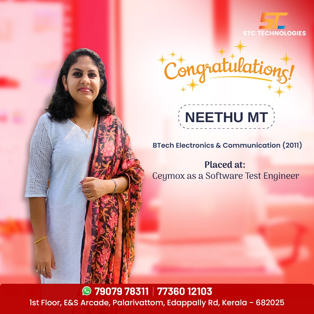TechnologiesStc's tweet image. Congratulations to NEETHU M.T, She has secured a position as a Software Test Engineer at Ceymox after completing our Software testing course.  🎉👏

Contact us for a free consultation today
📞 79079 78311, 77360 12103
softwaretechnologyconsultants.com

#ProudMoment #Congratulations