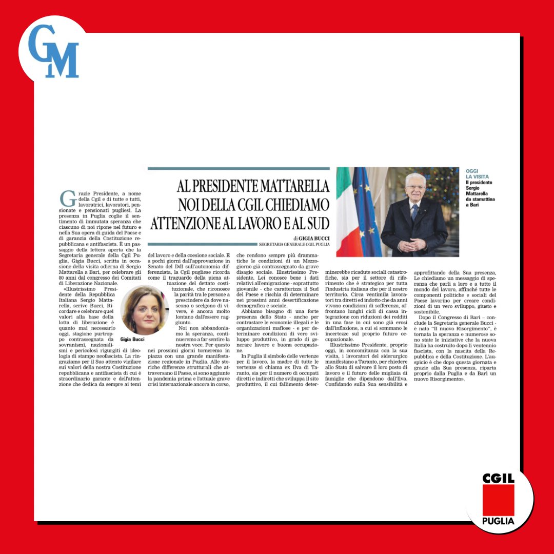 cgilpuglia's tweet photo. 📰 Grazie Presidente per il Suo vigilare sui lavori della Costituzione repubblicana e antifascista e dell’attenzione sul lavoro e la coesione sociale.
La lettera di @BucciGigia al Presidente Mattarella in visita oggi a Bari per celebrare gli 80 anni dal Congresso dei CLN https://t.co/TCvoqr7IxC