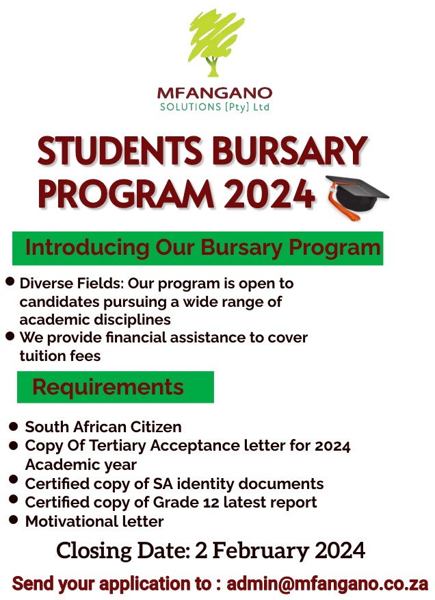 QalisaFoundatio's tweet photo. OPPORTUNITY ALERT! 

𝐌𝐟𝐚𝐧𝐠𝐚𝐧𝐨 𝐒𝐨𝐥𝐮𝐭𝐢𝐨𝐧𝐬 𝟐𝟎𝟐𝟒 𝐛𝐮𝐫𝐬𝐚𝐫𝐲 𝐩𝐫𝐨𝐠𝐫𝐚𝐦 📝🎓

Applications are now open, email -:  admin@mfangano.co.za.

Closing Date: 2nd February 2024 

We wish  all applicants the best!✨

#mfanganosolutions #bursary  #bursaries https://t.co/x3aGHrL1Qe