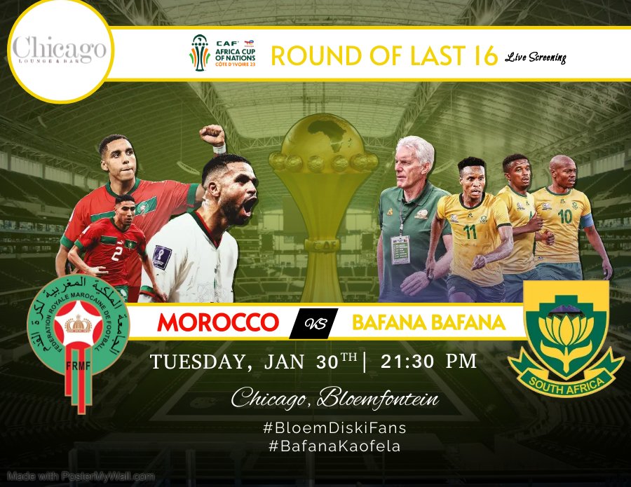 KatlehoLechoo's tweet photo. #BloemDiskiFans see you tomorrow evening at Chicago Lounge &amp; Bar tomorrow to back our boys against. Bring you friends and tell  them to bring their friends.

See you there!!!!!  #BafanaKaofela#TotalEnergiesAFCON2023 https://t.co/3cWs4y9D4S