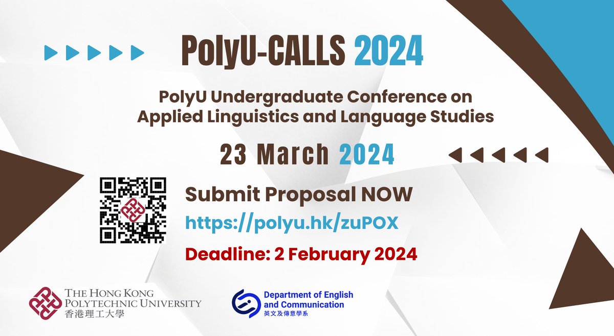 【2 Feb Deadline】PolyU Undergraduate Conference on Applied #Linguistics and #Language Studies will be held on 23 Mar 2024! Hurry up UG students from HK & Asia-Pacific regions to submit your abstracts and showcase your work! More info👉polyu.hk/ExqUs @OpenAppLing