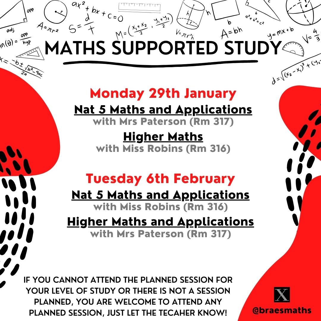 Supported study is back! Come along to the @BraesHigh Maths Department on the dates below for essential support with your qualifications