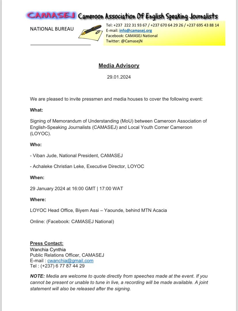 Camasej today signs an MOU with @loyocameroon. This marks an important era in the existence of the association and will be to the benefit of both organizations.