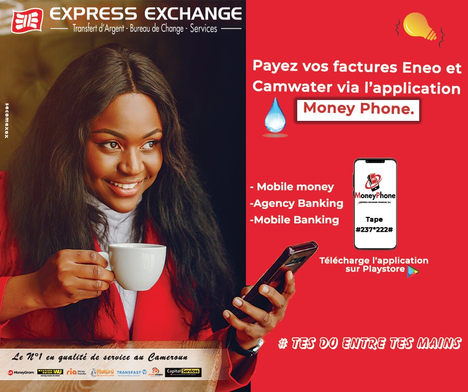 Avec l'application #moneyphone paye tes factures #ENEO et #Camwater via ton téléphone mobile, #mobilemoney #AgencyBanking #MobileBankingLe Numéro 1 en qualité de service vous souhaite une agréable semaine📷#TesDoEntreTesMains #ExpressExchange #transfertdargent #changedevise