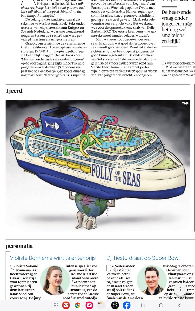 Het drijvende pretpark 'Icon of the Seas' - 's werelds grootste cruiseschip - is in gebruik genomen en op haar maiden voyage. Ondanks het gebruik van LPG als brandstof in plaats van stookolie ziet een cartoonist van <a href="/trouw/">Trouw</a> het toch als een zware last voor moeder aarde. #cruisen