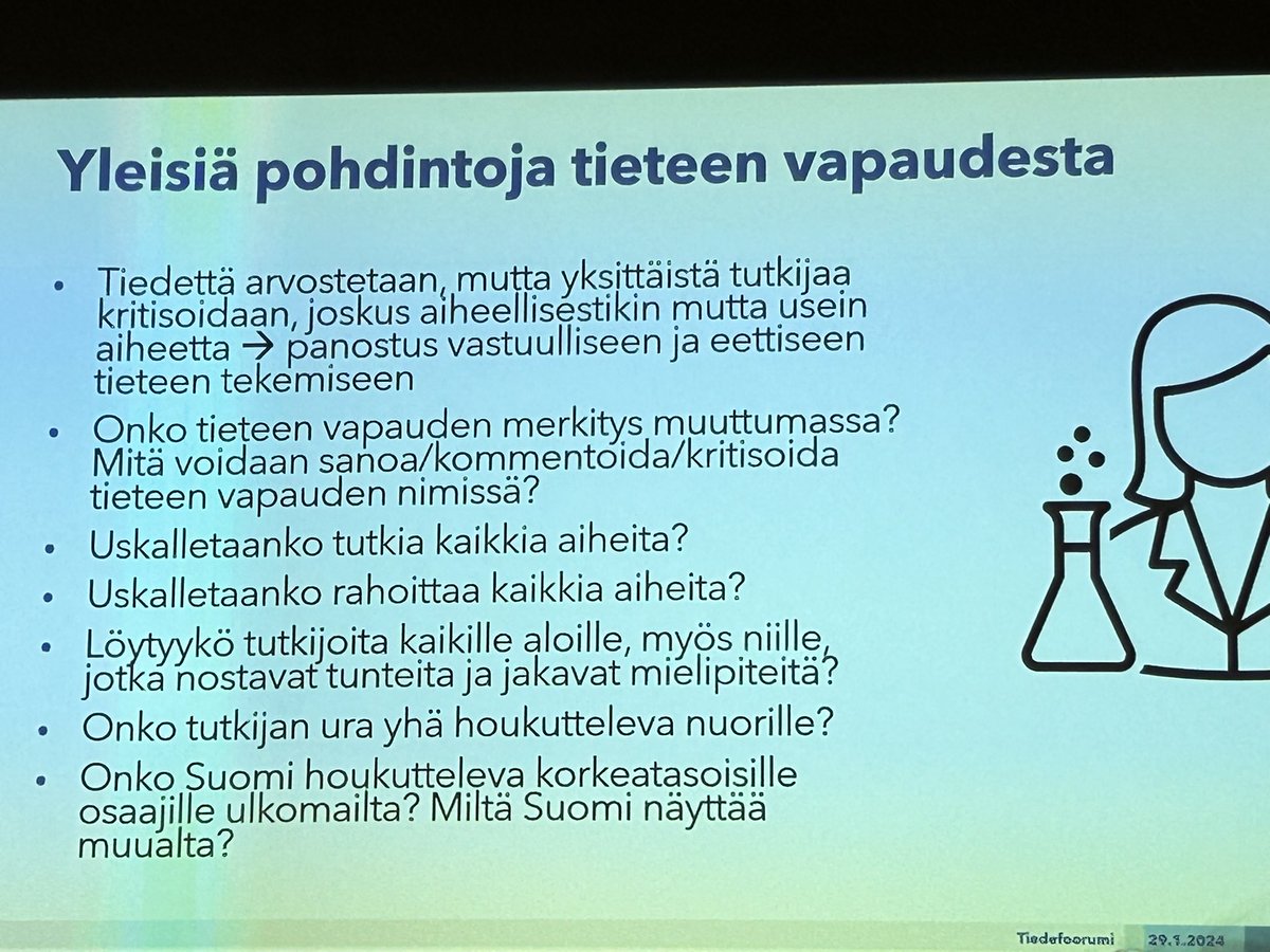 Tieteen vapaus? Mitä se tarkoittaa jatkossa? @SuomenAkatemia pääjohtaja @PaulaEerola nosti Tiedefoorumin puheenvuoronsa päätteeksi esille tärkeää pohdintaa teemasta. @okmfi #vapaatiede #suomenhoukuttelevuus @centriaamk