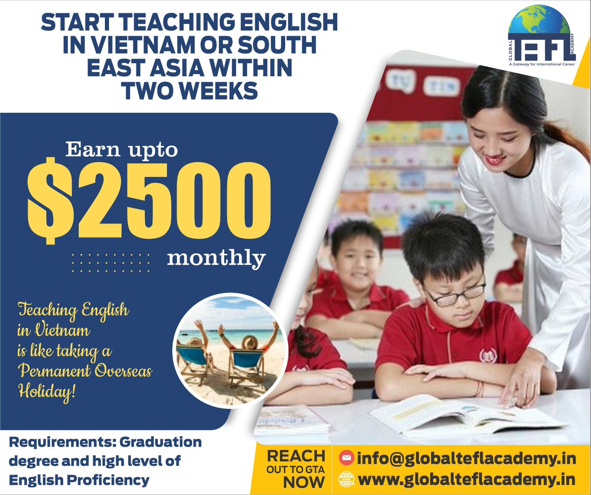 START TEACHING ENGLISH IN VIETNAM OR SOUTHEAST ASIA WITHIN TWO WEEKS AND EARN UP TO $2500 MONTHLY
#englishlanguage #vietnam #teflsuccess #InspirationJourney #teacher #teacherlife #india #TESOL #tesolcertificate #tesolteacher #TESOLCertification #tesoltraining #teflteacher #TEFL