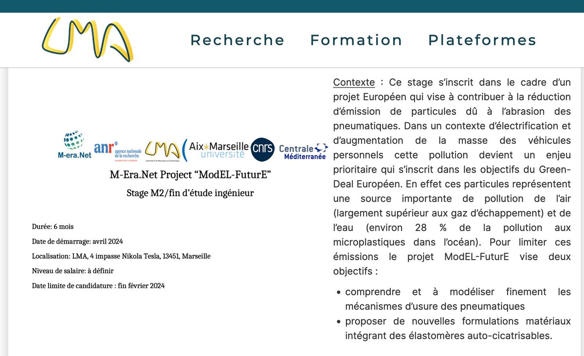 LMA_UMR7031's tweet image. [#Offre de #Stage M2 ou ingénieur] #Modélisation et simulation de phénomènes de de guérisons de #fissures dans des élastomères auto-cicatrisables.
#mécanique des milieux continus, grandes déformations, lois de comportement inélastiques, éléments-finis
➡️laboratoire-mecanique-acoustique.fr/theses-stages/…...