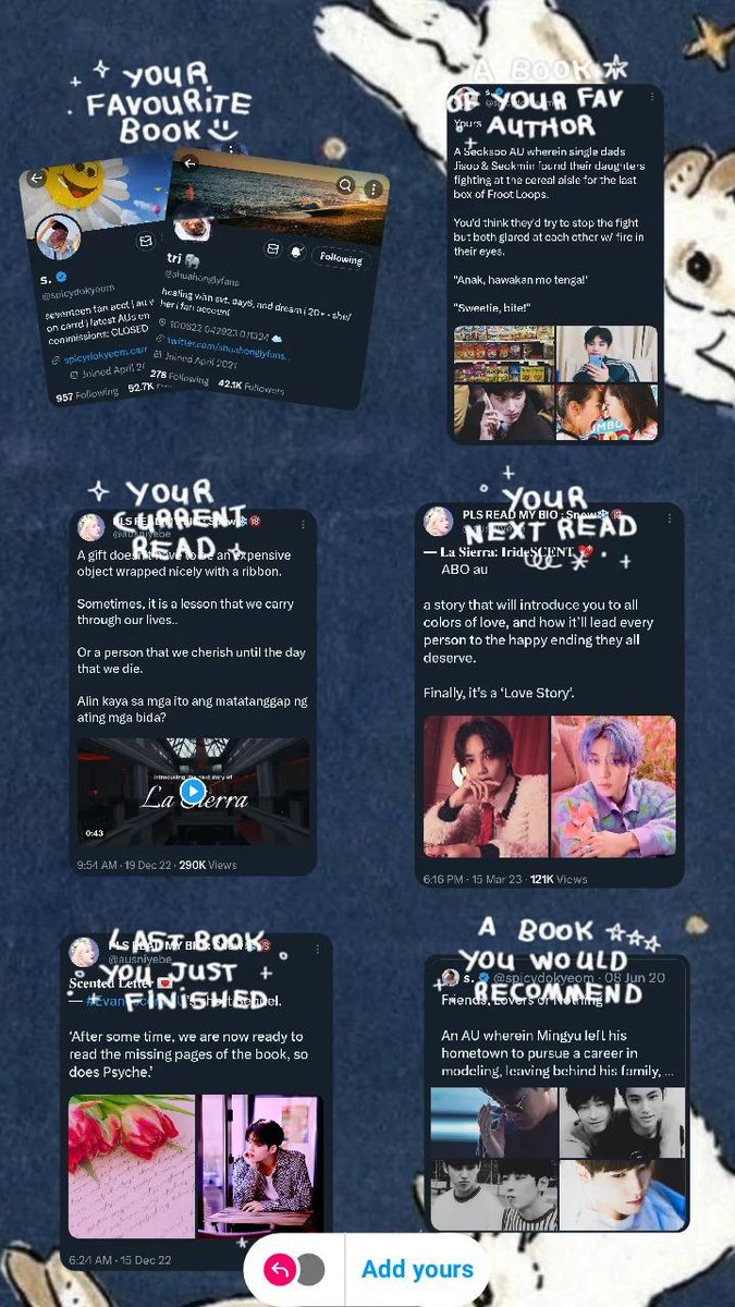 dcrumdarimda's tweet photo. appreciation post for my fav authors and works ୭˚. ᵎᵎ @spicydokyeom @shuahonglyfans @ausniyebe https://t.co/g53T3d7ZEW