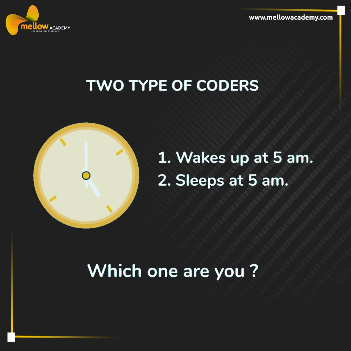 mellow_academy's tweet image. ⚡ Calling all coders! 🚀 Which type of coder are you? 1️⃣ The early bird who rises at 5 am to conquer code, or 2️⃣ The night owl burning the midnight oil till 5 am? 🦉 Comment below and let us know your coding style! 💻✨
#codelife #CodingStyle #EarlyRiserCoders #NightOwlDeveloper