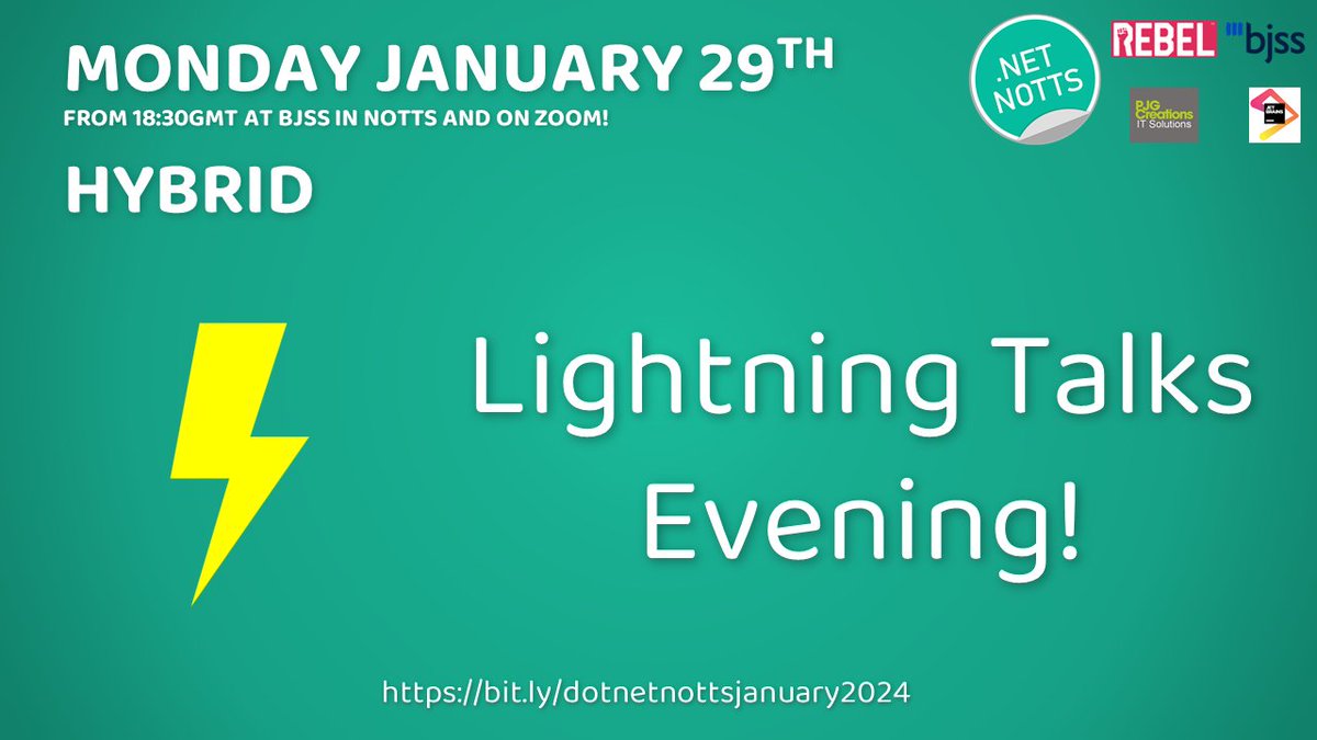 Tonight we kick off 2024 with an evening of lightning talks!

Join us from 18:30GMT both in person at @BJSSLtd on King Street in Nottingham and online on Zoom! 

meetu.ps/e/MP11x/qggtP/i

Thanks to our amazing sponsors <a href="/RebelRecruiters/">Rebel Recruiters</a>, @BJSSLtd, <a href="/jetbrains/">JetBrains</a> and <a href="/PJGCreations/">PJG Creations Ltd</a>!