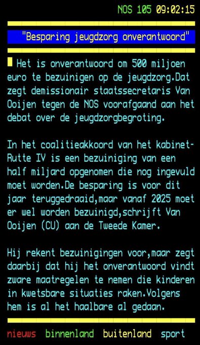 Teletekst pagina https://nos.nl/artikel/2506709-staatssecretaris-wil-onverantwoorde-bezuiniging-op-jeugdzorg-schrappen