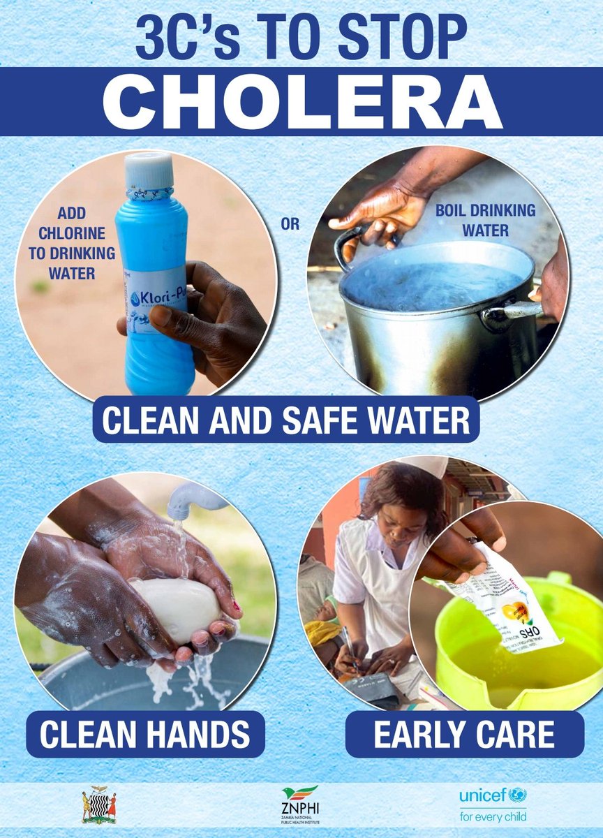 3Cs to Stop Cholera- Clean and safe water, Clean Hands and Early Care.
#CholeraPrevention
#3CsForHealth 
#CommunityStrength
#UNICEFZambia
#MoH